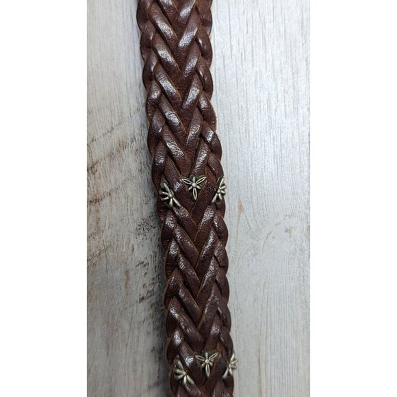 Vintage Fossil Woven Leather Belt Silver Flower Embellishments M L BOHO - Picture 4 of 5